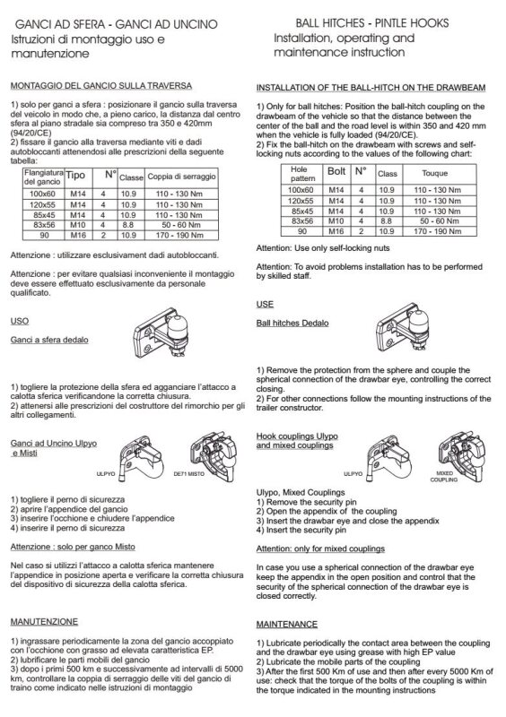 Installation, operating and maintenance instruction V.ORLANDI Ball Hitches- Pintle Hooks
