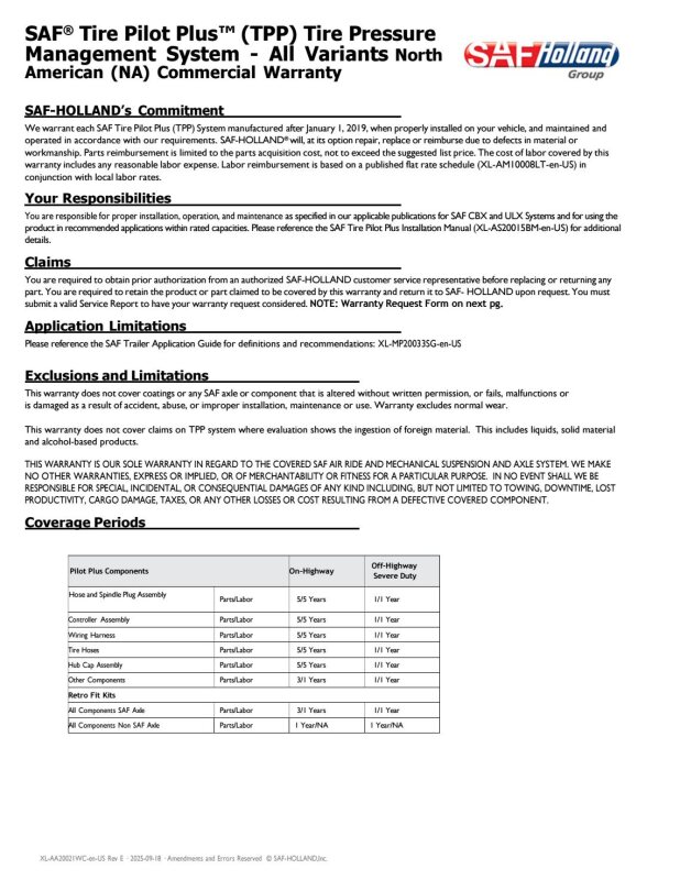 SAF® Tire Pilot Plus™ (TPP) Tire Pressure  Management System - All Variants North  American (NA) Commercial Warranty