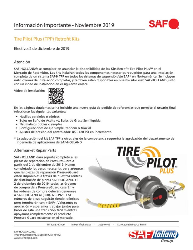 Información importante - Tire Pilot Plus (TPP) Retrofit Kits
