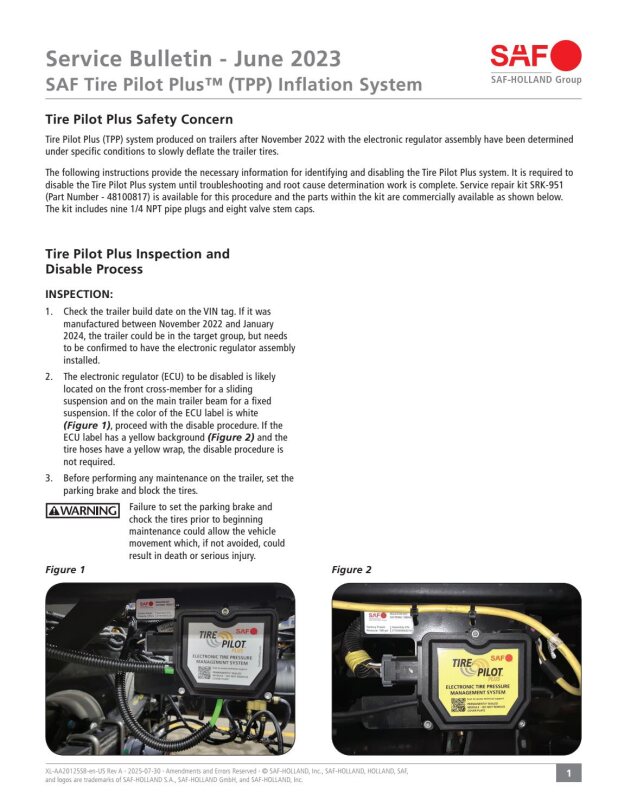 XL-AA20125SB-en-US Rev A Service Bulletin - June 2023 SAF Tire Pilot Plus™ (TPP) Inflation System