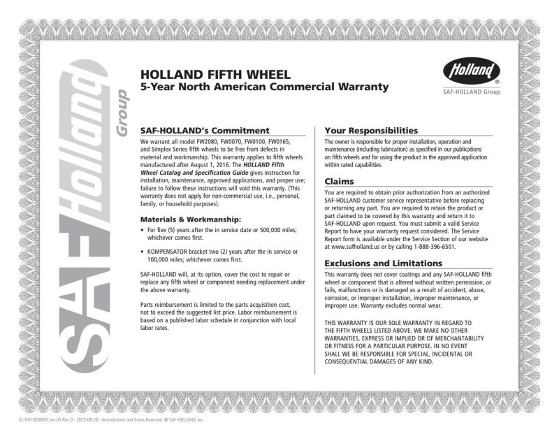 HOLLAND Fifth Wheel 5-Year North American Commercial Warranty