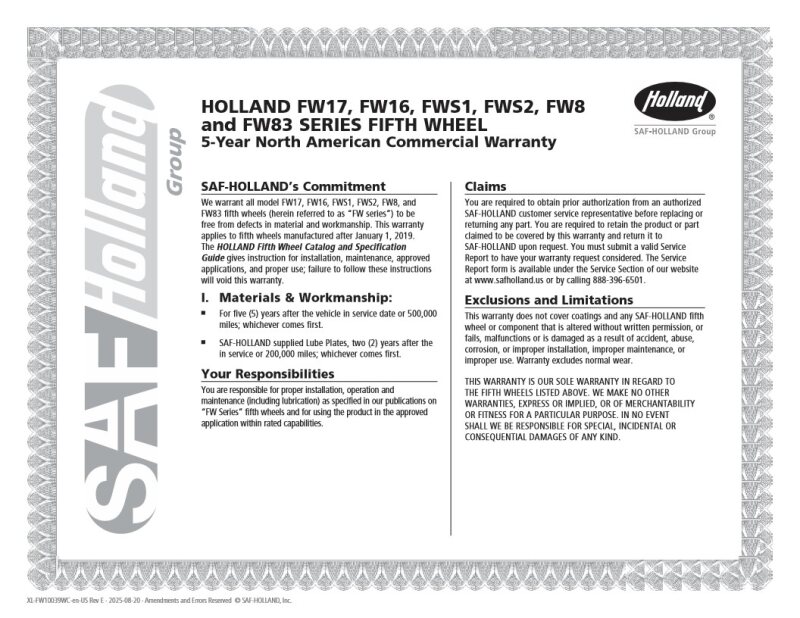 HOLLAND FW17, FW16, FWS1, FWS2, FW8 & FW83 Series Fifth Wheel 5-Year North American Commercial Warranty