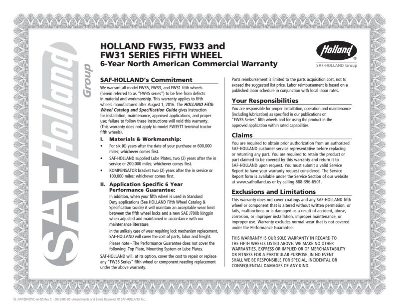 HOLLAND FW35, FW33 & FW31 Series Fifth Wheel 6-Year North American Commercial Warranty Certificate