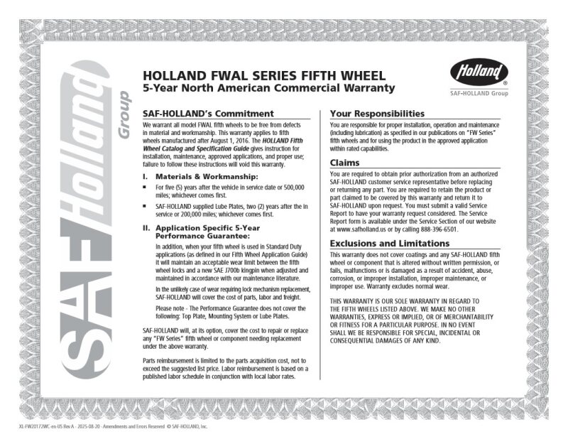 HOLLAND FWAL Series Fifth Wheel 5 Year North American Commercial Warranty