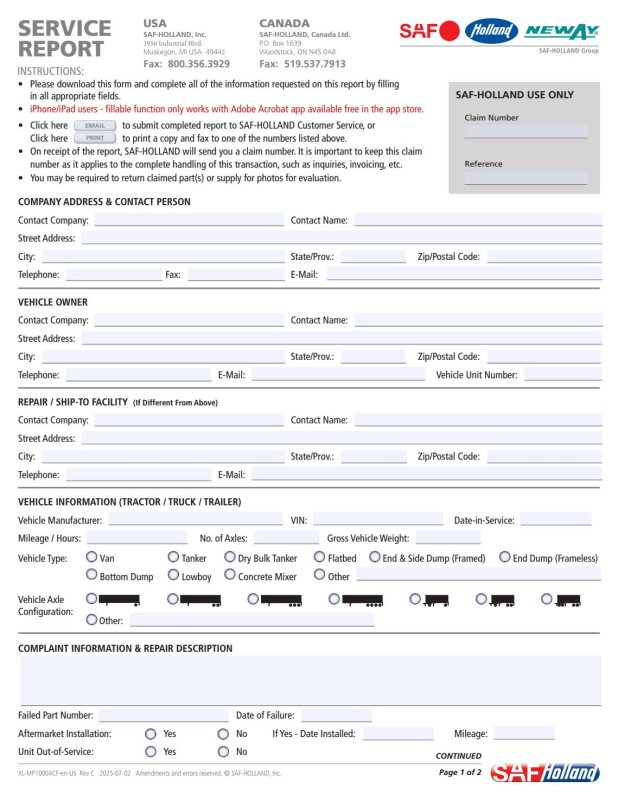SAF-HOLLAND Service Report (Claim Form) for US & Canada (XL-MP10004CF-en-US Rev C)