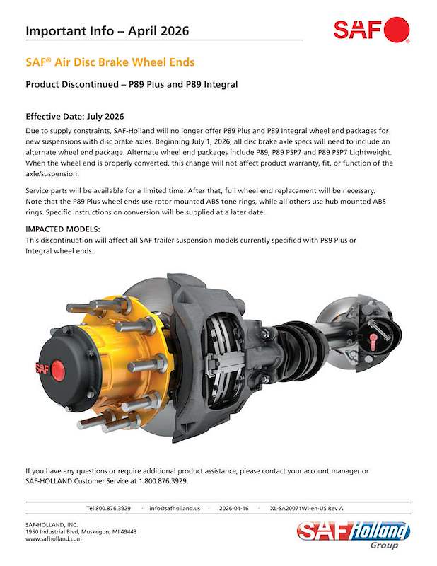 SAF® Air Disc Brake Wheel Ends Product Discontinued – P89 Plus and P89 Integral